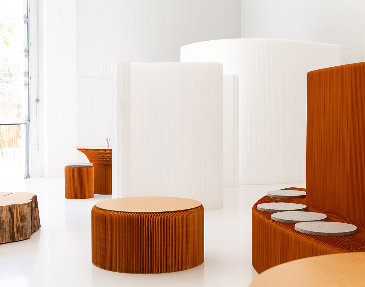 PaperStone table top for molo's softseating fanning stools.